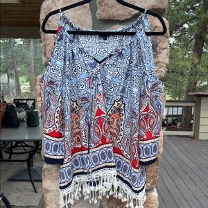 Boho Cold Shoulder Peasant 3/4 Bell Sleeve Blouse Blue Red Orange Ivory Fringe